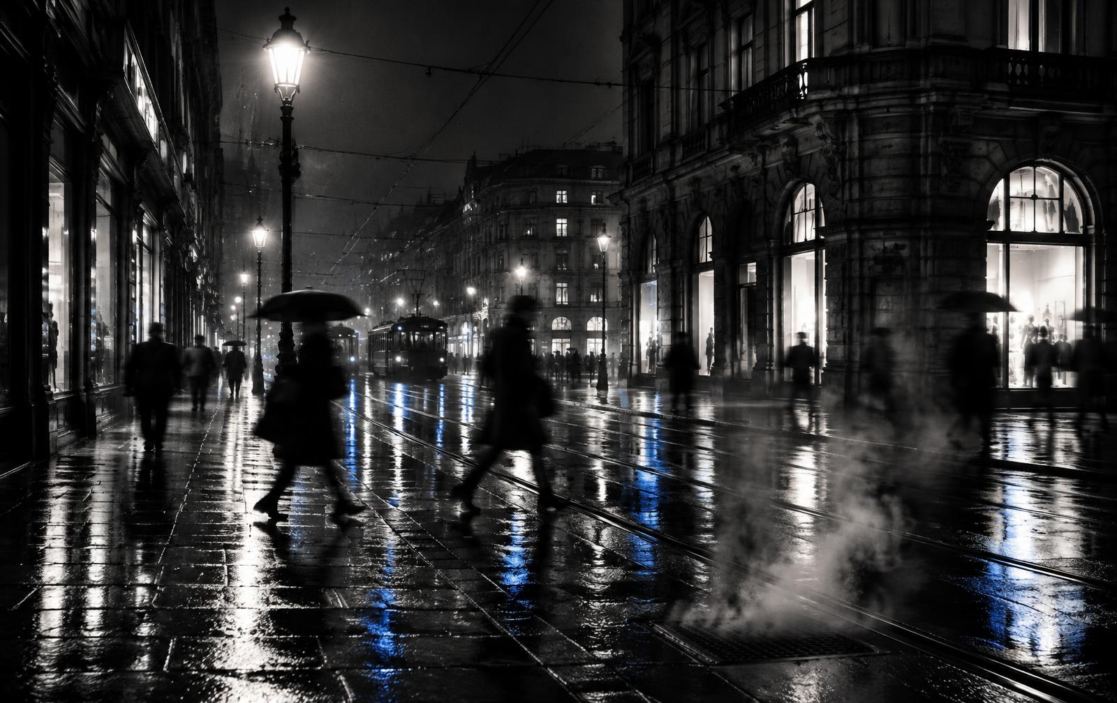 Blurred figures crossing a rain-slicked city street at night